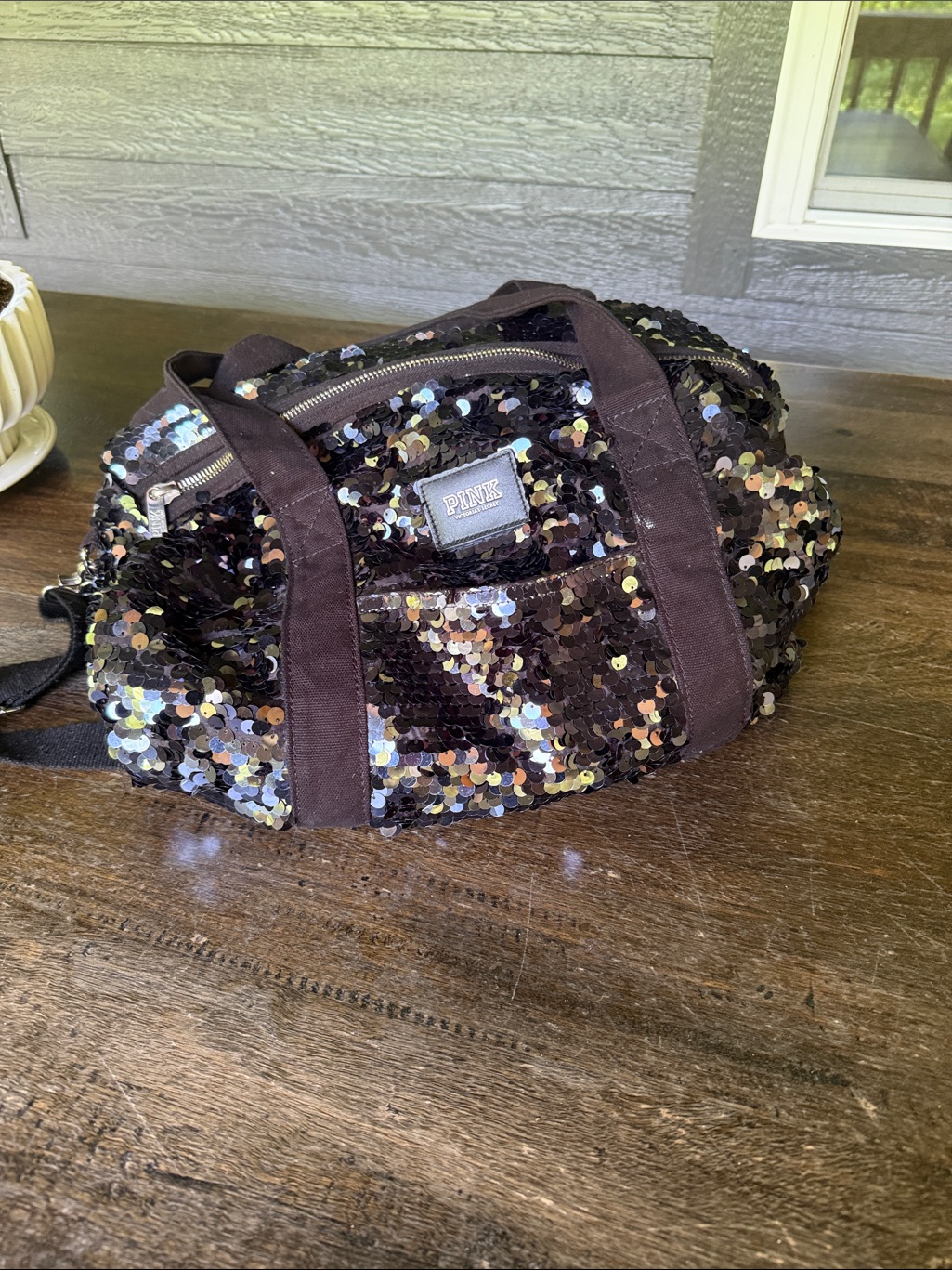 Pink Victoria's Secret Black Sequin Duffel Bag